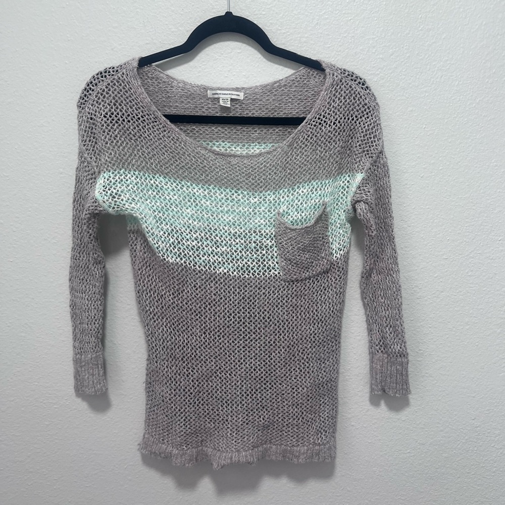 American Eagle Gray Turquoise Mesh Sweater Size X Small